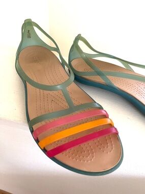 Vintage Women’s Green Strappy Iconic CROCS Sandals with Orange & Yellow Accents
